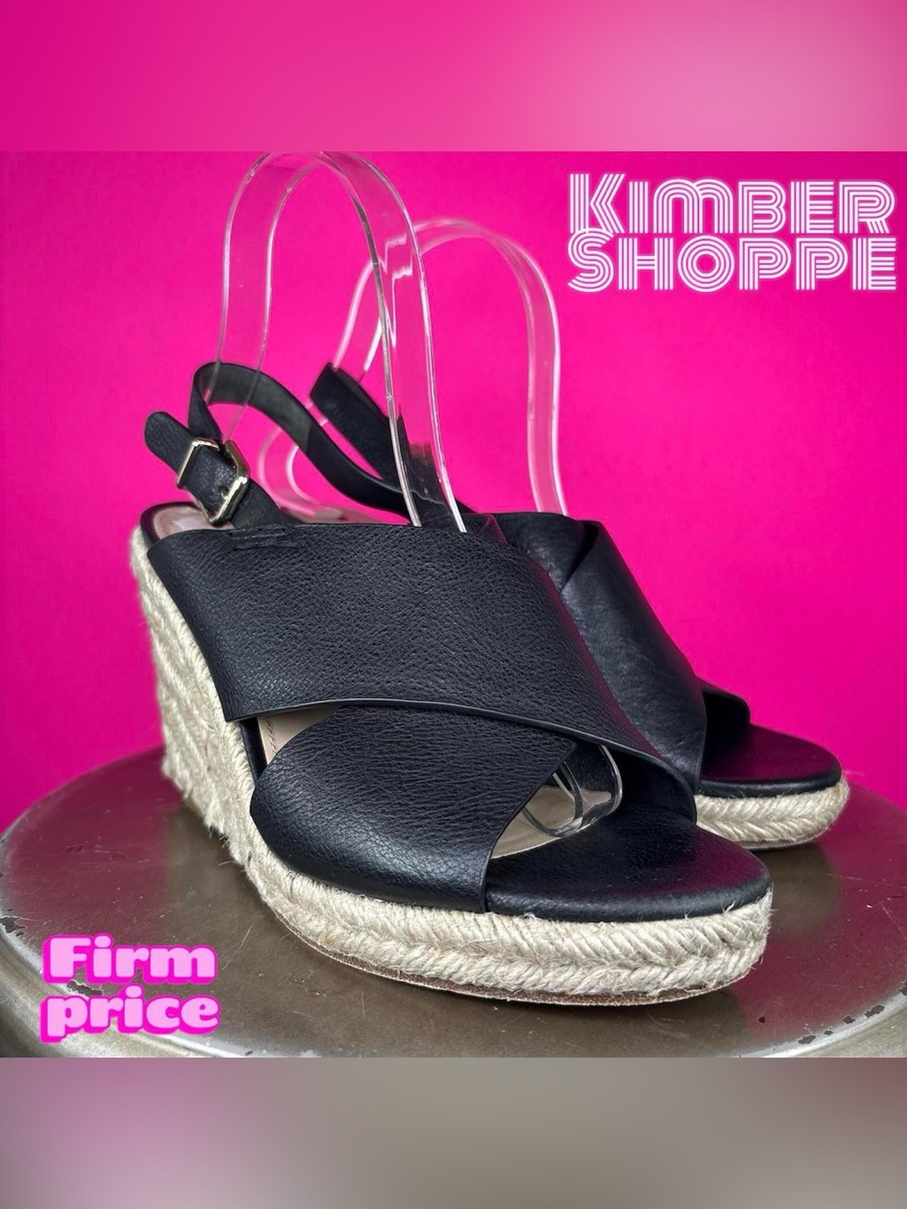 Via Spiga Ingrid Black Leather Slingback Espadrille Wedge Sandal US 7 EU 37.5